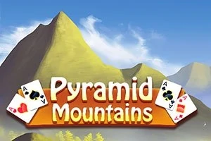Dağların önünde, etrafında iskambil kartları bulunan Pyramid Mountains yazısı