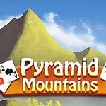 Dağların önünde, etrafında iskambil kartları bulunan Pyramid Mountains yazısı
