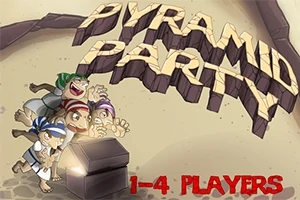 Kum zeminde PYRAMID PARTY yazısı ve açılmış bir sandığın etrafında toplanmış farklı renklerde başlıklı dört çocuk