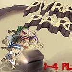 Kum zeminde PYRAMID PARTY yazısı ve açılmış bir sandığın etrafında toplanmış farklı renklerde başlıklı dört çocuk