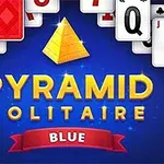 Mavi arka planda iskambil kartları ve piramit ikonunun yer aldığı, üzerinde PYRAMID SOLITAIRE BLUE yazılı görsel