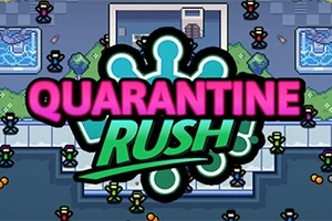 Üstte Quarantine Rush yazılı, etrafında küçük renkli karakterlerin olduğu piksel sanatı tarzında bir grafik