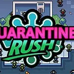 Üstte Quarantine Rush yazılı, etrafında küçük renkli karakterlerin olduğu piksel sanatı tarzında bir grafik