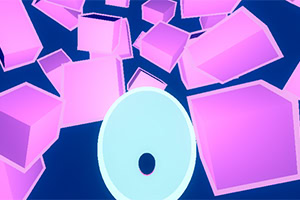Mavi fon üzerinde havada süzülen pembe üç boyutlu geometrik şekiller ve ortada dairesel nesne