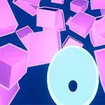 Mavi fon üzerinde havada süzülen pembe üç boyutlu geometrik şekiller ve ortada dairesel nesne