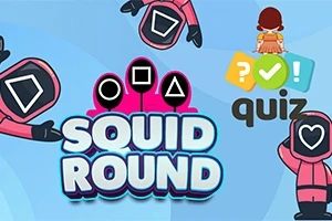 Pembe tulum giymiş maskeli karakterler ve ortada büyük bir Squid Round yazısı