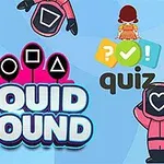 Pembe tulum giymiş maskeli karakterler ve ortada büyük bir Squid Round yazısı