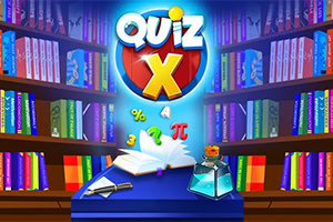 Renkli kitaplarla dolu raflar önünde açık bir kitap, büyüteç, cam şişe ve üzerinde Quiz X yazan bir logo