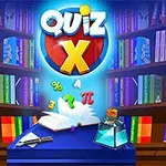 Renkli kitaplarla dolu raflar önünde açık bir kitap, büyüteç, cam şişe ve üzerinde Quiz X yazan bir logo