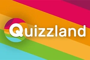 Renkli yatay çizgiler zemin üzerinde beyaz Quizzland yazısı bulunan görsel