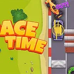 Yeşil bir zemin üzerinde büyük sarı harflerle Race Time yazısı ve sağ tarafta renkli yarış arabalarının bulunduğu bir yarış pisti