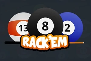 Üç bilardo topu (13 numaralı turuncu-beyaz, 8 numaralı siyah ve 2 numaralı mavi) ve altında Rackem yazısı