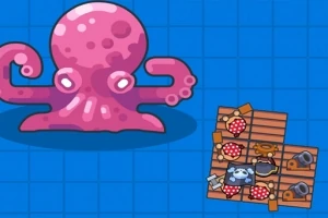Pembe bir ahtapot figürü ve üzerinde çeşitli nesneler bulunan küçük bir sal, mavi bir arka plan üzerinde