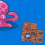 Pembe bir ahtapot figürü ve üzerinde çeşitli nesneler bulunan küçük bir sal, mavi bir arka plan üzerinde