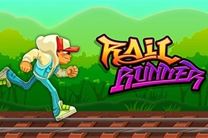 Kapüşonlu beyaz bir ceket ve kırmızı şapka giymiş bir erkek karakter, demiryolu üzerinde koşarken rengarenk Rail Runner yazısı yanında yer alıyor