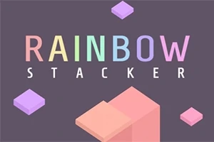 Renkli harflerle RAINBOW STACKER yazısı ve etrafında pembe ve mor tonlarda bloklar bulunan minimalist görsel
