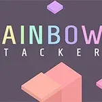 Renkli harflerle RAINBOW STACKER yazısı ve etrafında pembe ve mor tonlarda bloklar bulunan minimalist görsel