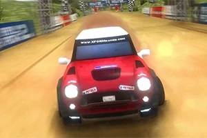 Rally Point 2 Kırmızı bir yarış arabası, toprak bir pistte hızla ilerliyor