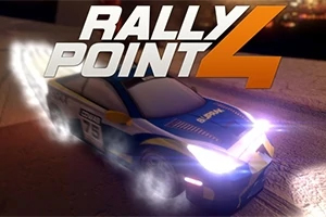 Üstünde Rally Point 4 yazan beyaz ve mavi renkli hızla giden bir yarış arabası, farları açık ve etrafında dumanlar var