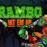 Yeşil yazıyla Rambo Hit Em Up başlığının altında, silah taşıyan bir adam ve ona saldıran zombi benzeri yaratıklar