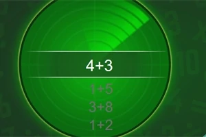 Yeşil bir radar ekranında 4+3 sorusu ve farklı matematik işlemleri