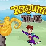 Rapunzelin uzun sarı saçlarını kuleden sarkıttığı, el salladığı bir sahne ve ona doğru zıplayan bir prens