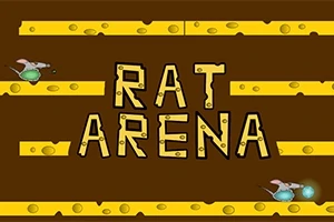 Kahverengi arka plan üzerinde RAT ARENA yazısı ve sarı peynir platformları üzerinde iki fare