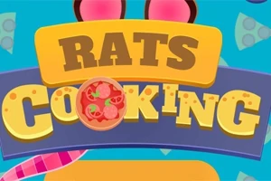 Renkli ve eğlenceli bir arka plan üzerinde, ortasında pizza bulunan Rats Cooking yazısı