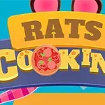 Renkli ve eğlenceli bir arka plan üzerinde, ortasında pizza bulunan Rats Cooking yazısı