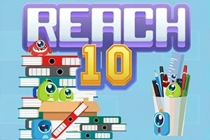 Kitap yığını ve kalemlik üzerinde neşeli, renkli karakterler, REACH 10 yazısı ile birlikte