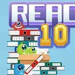 Kitap yığını ve kalemlik üzerinde neşeli, renkli karakterler, REACH 10 yazısı ile birlikte