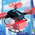 Kırmızı pervaneleri olan siyah bir drone, bulanık şehir arka planıyla birlikte