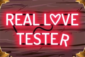 Kırmızı neon ışıklarla yazılmış REAL LOVE TESTER yazısı, ahşap görünümlü bir arka plan üzerinde
