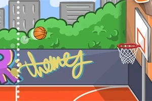 Turuncu bir basketbol topu, arka planda binalar, yeşil ağaçlar, üzerinde grafiti yazı olan bir duvar ve bir basketbol potası bulunan açık hava basketbol sahasında potaya doğru atılmakta