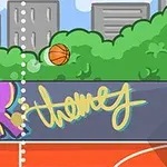 Turuncu bir basketbol topu, arka planda binalar, yeşil ağaçlar, üzerinde grafiti yazı olan bir duvar ve bir basketbol potası bulunan açık hava basketbol sahasında potaya doğru atılmakta