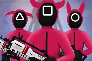 Pembe kıyafetli ve geometrik şekilli maskeler takan, oyuncak tüfek tutan üç figür