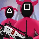 Pembe kıyafetli ve geometrik şekilli maskeler takan, oyuncak tüfek tutan üç figür
