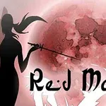 Kırmızı bir ayın önünde kılıç tutan siyah siluetli bir figür ve Red Moon yazısı