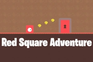 Kırmızı kare figürü ve kilitli kapı, kahverengi arka plan üzerinde Red Square Adventure yazısı