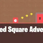 Kırmızı kare figürü ve kilitli kapı, kahverengi arka plan üzerinde Red Square Adventure yazısı