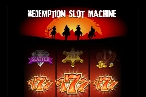 Kırmızı bir arka planda üç kovboyun silüeti ve aşağıda slot makinesi sembolleri ile Redemption Slot Machine yazısı