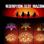 Kırmızı bir arka planda üç kovboyun silüeti ve aşağıda slot makinesi sembolleri ile Redemption Slot Machine yazısı