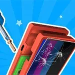 Kırık ekranlı bir akıllı telefon ve mavi bir tornavida, yıldız desenli mavi arka plan üzerinde