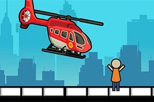 Kırmızı bir helikopter, bir şehir silüeti önünde duran turuncu kıyafetli bir çöp adam figürünün önünde havada duruyor