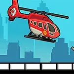 Kırmızı bir helikopter, bir şehir silüeti önünde duran turuncu kıyafetli bir çöp adam figürünün önünde havada duruyor