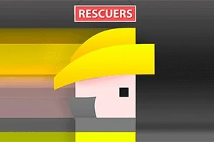 Sarı kask takan kare şeklinde bir karakter ve üstünde Rescuers yazısı