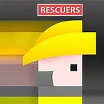 Sarı kask takan kare şeklinde bir karakter ve üstünde Rescuers yazısı