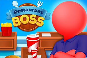 Kırmızı yuvarlak yüzlü bir figürün önünde fast food içecek ve kızarmış patatesin bulunduğu, arka planda Restaurant Boss yazılı mavi bir tabela olan görüntü