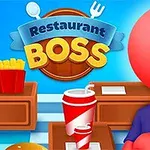 Kırmızı yuvarlak yüzlü bir figürün önünde fast food içecek ve kızarmış patatesin bulunduğu, arka planda Restaurant Boss yazılı mavi bir tabela olan görüntü