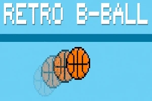 Piksel tarzında bir basketbol topu ve üst kısmında Retro B-Ball yazısı bulunan mavi arka planlı bir görüntü